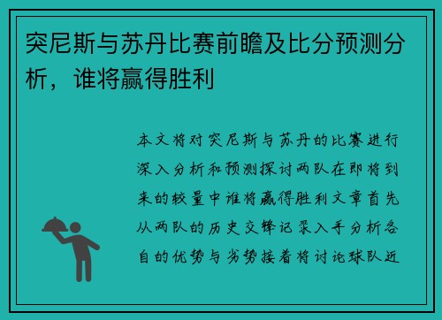 突尼斯与苏丹比赛前瞻及比分预测分析，谁将赢得胜利